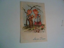 COPPIA BAMBINI PULCINI FIORI GALLINA ILLUSTRATORE AGNESE  BUONA PASQUA 1951