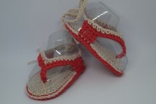 Infradito, Flip Flop rosse e beige, uncinetto, cotone, neonato 0-12 mesi. Nuovo
