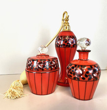 SET PROFUMO 3 ELEMENTI VETRO MURANO ROSSO DECORO NERO FIORI FOGLIE ART DECO' '40