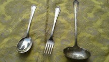 ✅antico vecchio tris tavola alpacca bech argento 90 4 d'epoca mestolo forchetta