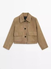 Cappotto donna corto in pelle scamosciata marrone chiaro