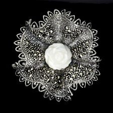 925 Argento Sterling Spilla Madreperla Fiore Intagliato Marcasite Gemma Gioielli