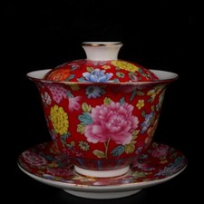 Ciotola 4,3" Collezione Porcellana Cinese Smalto Rosso Albero Peonia Fiore di Loto Ramo