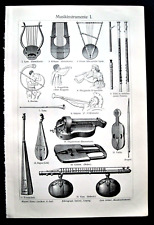 1902 Antica Litografia:STRUMENTI MUSICALI A CORDA E FIATO.TIPOLOGIA VARIA MEYERS