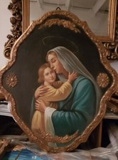 QUADRO putti madonna  DIPINTO  SU TAVOLA CORNICE BAROCCA FOGLIA ORO 62x72 CM