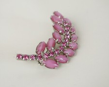 Spilla da giacca bigiotteria vintage floreale foglia piuma strass rosa 5x2,5 cm