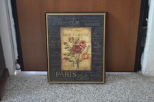 Quadro in legno riproduzione stampa antica fiori e scritte francesi