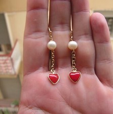 Orecchini pendenti cuore corallo intagliato stile vittoriano vintage made in Italy perle