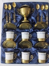 VIZAVI Set Lusso caffe 19 Pz NUOVO Scatola 6 Tazze Porcellana Oro Ottone Regalo