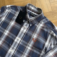 Camicia Fred Perry Twill Check Manica Lunga Blu Mezzanotte Uomo Nuova con etichette Taglia Media