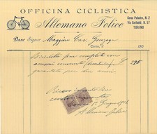 Torino. Fattura int. Maggiore Gonzaga OFFICINA CICLISTICA ALLEMANO FELICE 1904