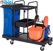 Carrello Pulizie Professionale a 3 Ripiani Con Sacco per Immondizia, Ganci per S