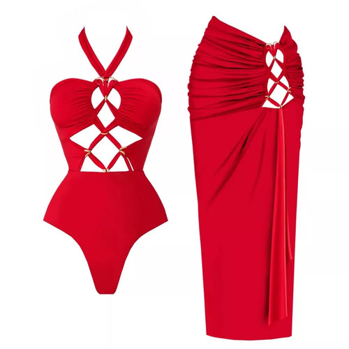 Costume intero rosso con gonna - costume,