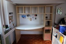 scrivania bambina, panna rosa e beige/legno chiaro, libreria a cubo e 2cassetti 