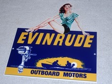 INSEGNA VINTAGE EVINRUDE FUORIBORDO BARCA MOTORE DONNA👩 12" METALLO BENZINA MARINA OLIO