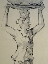 SCUOLA FRANCESE XIX-XX BEL DISEGNO PROGETTO LAMPADA CARIATIDE DONNA ART NOUVE...