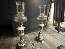 Coppia Di Lumi Vintage  In Ottone E Porcellana Dipinti A Mano