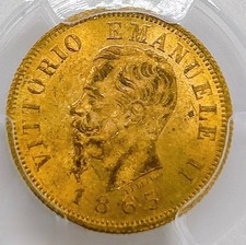 1863-T Italia Oro 10 Lire PCGS