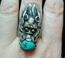 Vintage Anello Argento 925 Drago Nepalese/tibetano Con Turchese.Fatto A Mano