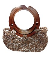 Borsa in Paglia Intrecciata con Manici Circolari in Legno Lucido