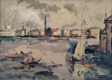 Veduta di Venezia Barche nel Canal Grande Dipinto Olio Italiano Originale Firmato