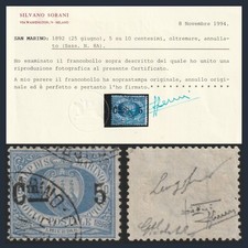 1892 San Marino C.mi 5 su 10 c. oltremare n. 8A Certificato Sorani Usato RARO