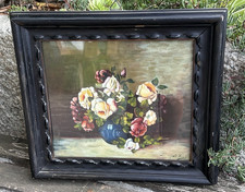Vecchio quadro con cornice nera legno  - Olio su pannello - Vaso di fiori-rose
