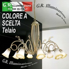 LAMPADARIO IN FERRO BATTUTO MODERNO 8 LUCI BIANCO O BRUNITO SOSPENSIONE Flower