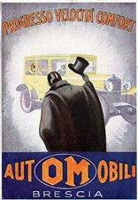 PUBBLICITA' 1929 AUTOMOBILI OM BRESCIA PROGRESSO VELOCITA' M. DUDOVICH CM 8X12