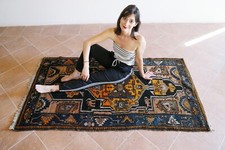 antico tappeto Hamadan persiano blu azzurro lana annodato a mano inizo XX secolo