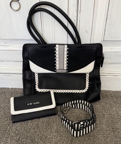 Guess black white satchel - g,