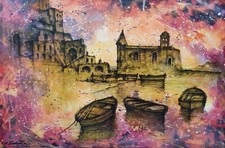 Antonio Isabettini Paesaggio Marino Napoletano Scena Porto con Barche Grande Dipinto Olio