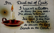 Postcard I'm Dead Out of Luck Candle Scorch Burning Wax Fortune Birn Brothers