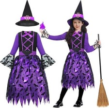 Costume Strega Bambina Viola Nero Carnevale Halloween scopa compleanno 3-4 anni