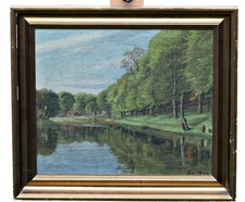 Scena allo stagno con personaggi - olio su tela - firmata 1930, con cornice