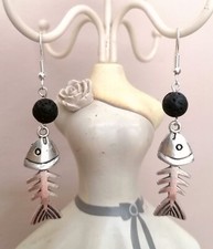 Orecchini Acciaio Pietra Lavica Nera Lisca Di Pesce