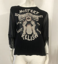 RELISH Maglia nera immagine maniche velate tulle pois frange Tg XL