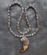 Ciondolo amuleto tigre argento denti selvatici Tibet, collana perle testa di buddha