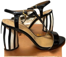 Marc Ellis Sandalo Nero In Pelle Vernice Tg.38 Particolare Tacco A Righe Bianche