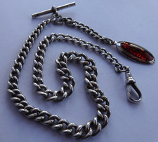 Bellissimo antico orologio da tasca argento massiccio catena Albert e set fob argento con ambra