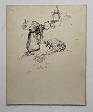 Disegno a China Donna Con Carriola Presso Pesante Lavoro Paesaggio Mulino Vento