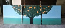 Trittico Dipinto Olio Tela Albero Arance Marina  Arte Moderna Anni 80/90 Antico 