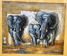 QUADRO ETNICO CON CORNICE OLIO SU TELA SIU PANNELLO CM 60X50 COPPIA DI ELEFANTI