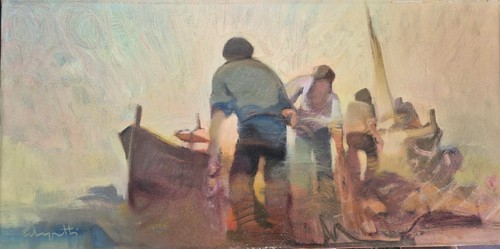 Dipinto olio tela pescatori - su,