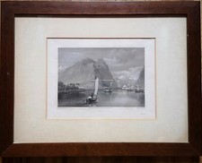 Quadro Lago di Lecco nel 1828  Jeavons W. BROCKEDON barca a vela incisione