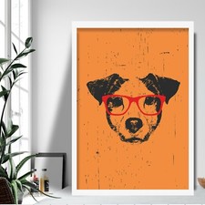 Orange Grunge Style Art Print Jack Russell SKETCH Glasses Picture Poster Decor