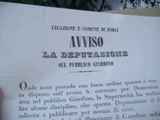 MANIFESTO GIARDINI PUBBLICI FORLI 1846-ILLUMINAZIONE-TRAFFICO-FUOCHI ARTIFICIALI