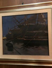 Giovanni March ,Barche Al Porto,Olio Su Tavola,46x54cm