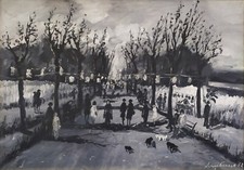 Grande quadro olio quadro bianco e nero strada paese italiano con personaggi firmato