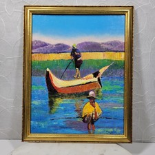 Quadro olio pescatore barca vintage tela incorniciato arte decorazione da appendere firmato